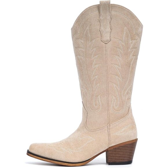 Women Camel Faux Suede Retro Snip Toe Chunky Block Heel Embroidered Boot - Picture 3 of 4